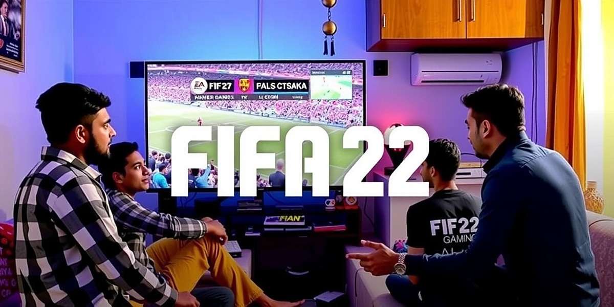 FIFA 22 - Social Gaming in India Indian friends playing FIFA 22 together at home with FIFA 22 watermark